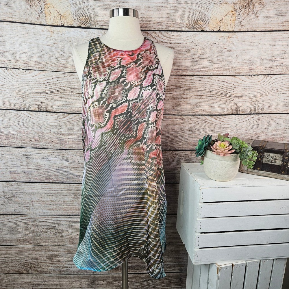 Lavender Brown Womens Silk Snakeskin Geometric Racerback Mini Dress Small